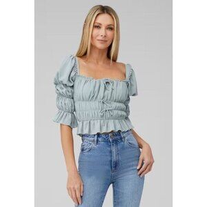 Smocked Puff Sleeve Crop Top With Square Neck Light Blue XS By Lani The Label